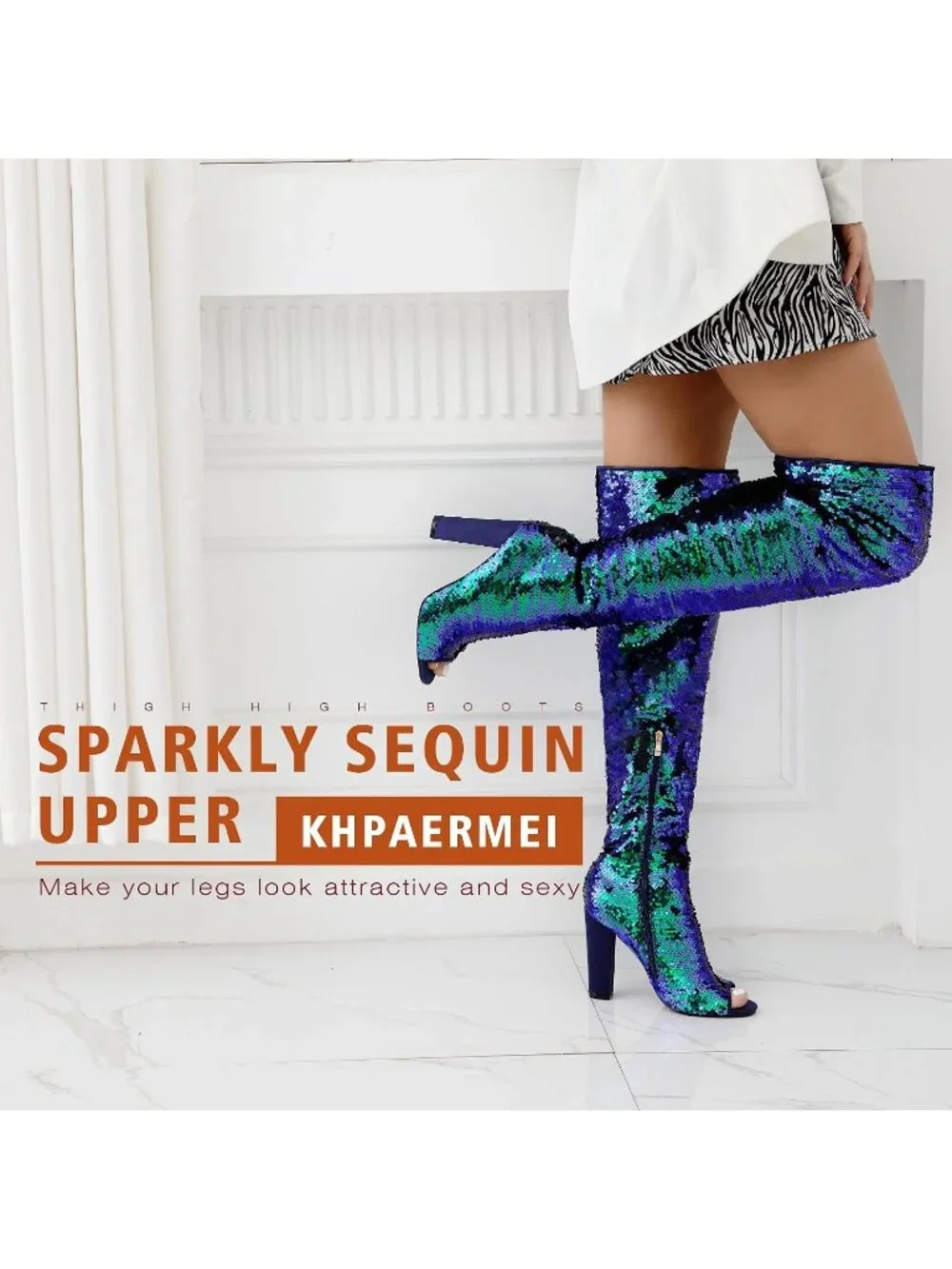 Women's Blue Chunky High Heels Open Toe Sequin Over The Knee Thigh High Boots